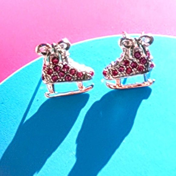 Ice Skates Earring PINK/Post/Shoe-Boot Charm Earring/Pink Rhinestone Crystal - Picture 2 of 11